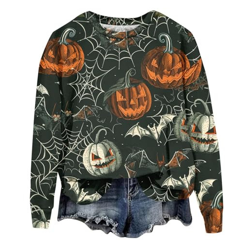 Halloween Sweaters for Women, Crew Neck Sweatshirts Women Fall Womens Clothes Long Sleeve Pullover Tops Graphic Pumpkin Bat Funny Ghost Halloween Sweater Sudadera para Mujer(A Dark Green,Medium) | Amazon (US)