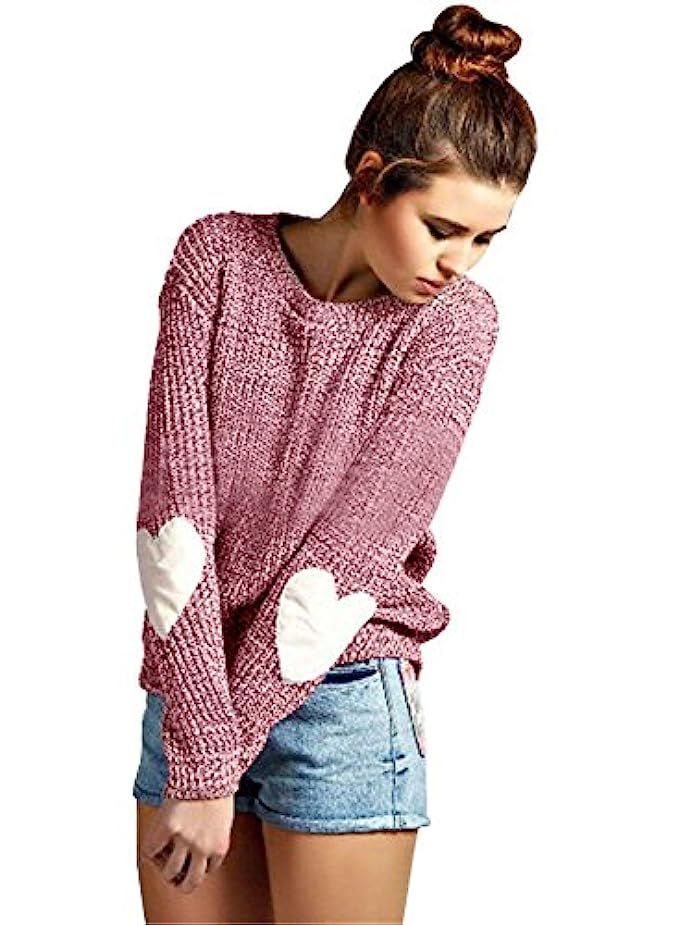 Futurino Women's Heart Patchwork Elbow Crewneck Marled Knitted Pullover Sweater | Amazon (US)
