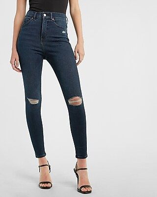Super High Waisted Dark Wash Ripped Supersoft Skinny Jeans | Express