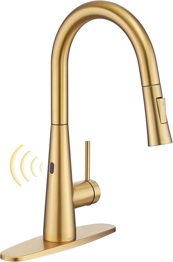 Tohlar Gold Touchless Kitchen Faucet with Pull Down Sprayer, Modern Stainless Steel Side Sensor Faucet for Sink 3 Hole, Single Handle Kitchen Sink Faucets with Deck Plate, Brushed Gold | Amazon (US)