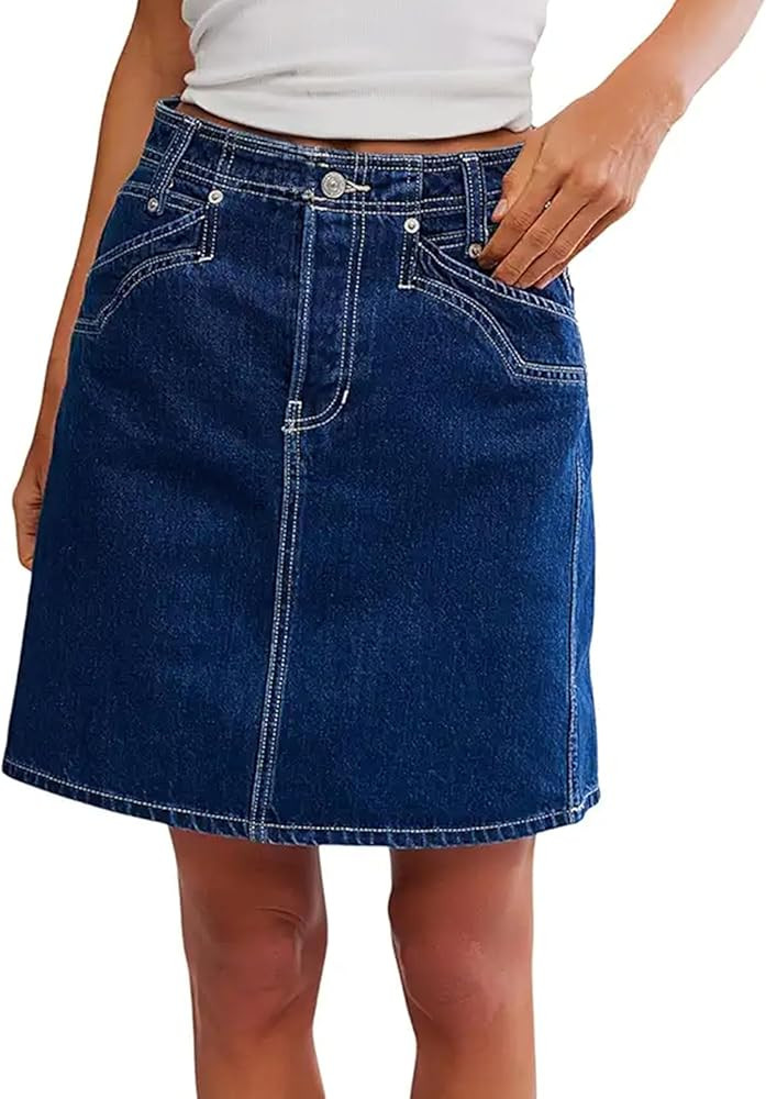 Dqbeng Womens Denim Skirt Casual Short Jean Skirts High Waisted Knee Length Skirt with Pockets | Amazon (US)