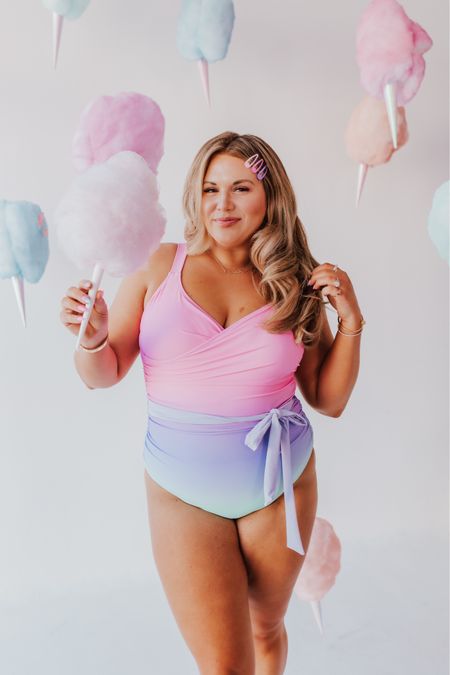 the Sarah Wrap one piece swimsuit in Cotton Candy Ombré! wearing size xl. size UP, this suit is running small  

#LTKcurves #LTKSeasonal #LTKswim