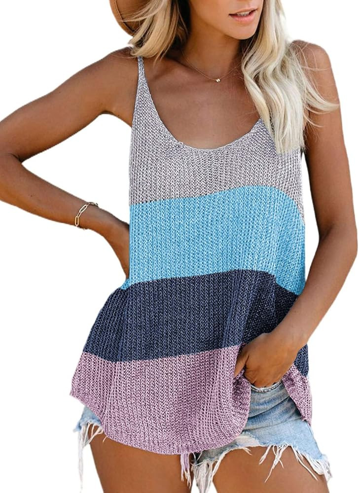 BLENCOT Women Knit Tank Tops Scoop Neck Basic Colorblock Casual Flowy Sleeveless Shirts Strappy Blou | Amazon (US)