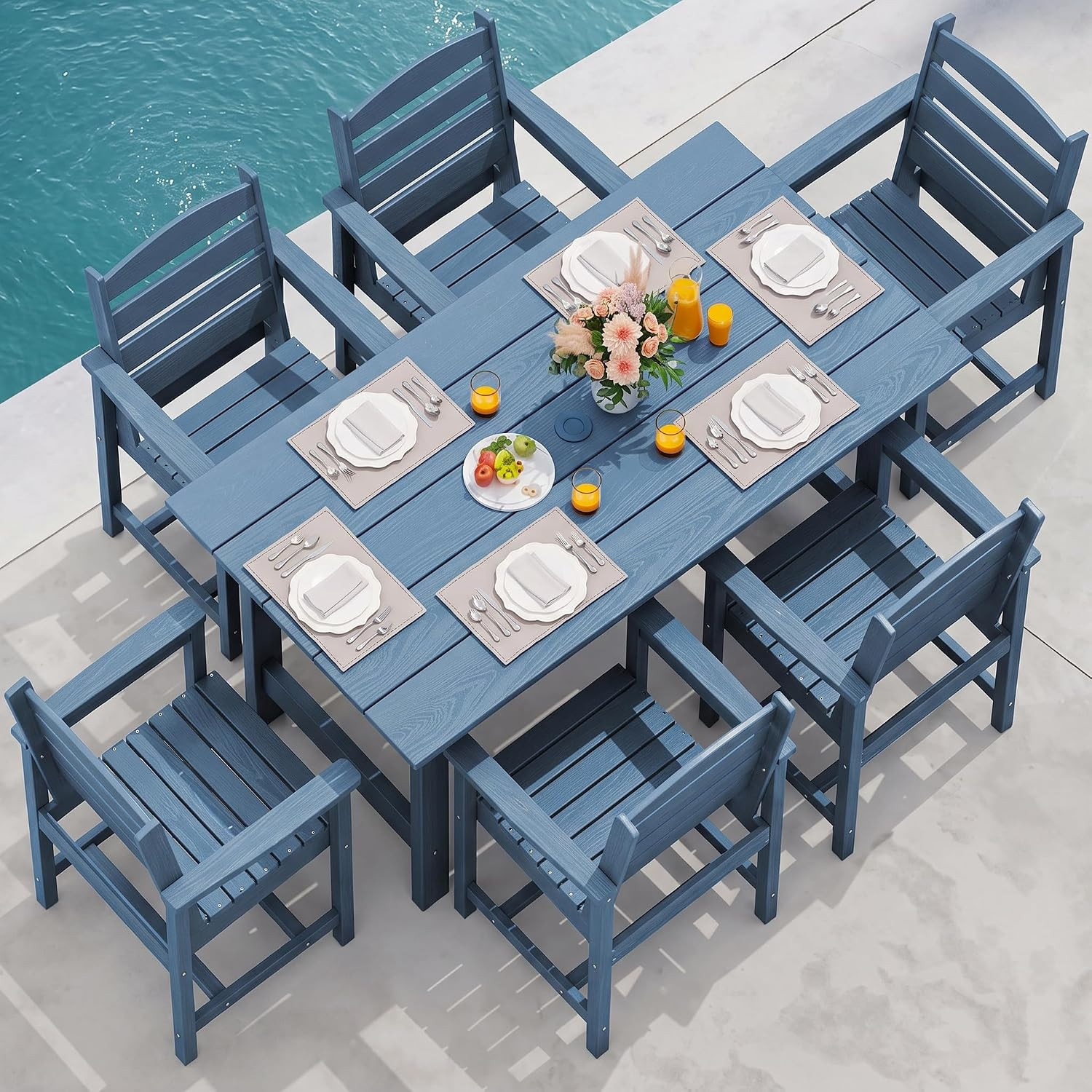 SERWALL 7 Pcs Outdoor Dining Set, 67" HDPE Dining Set for 6, Blue | Amazon (US)