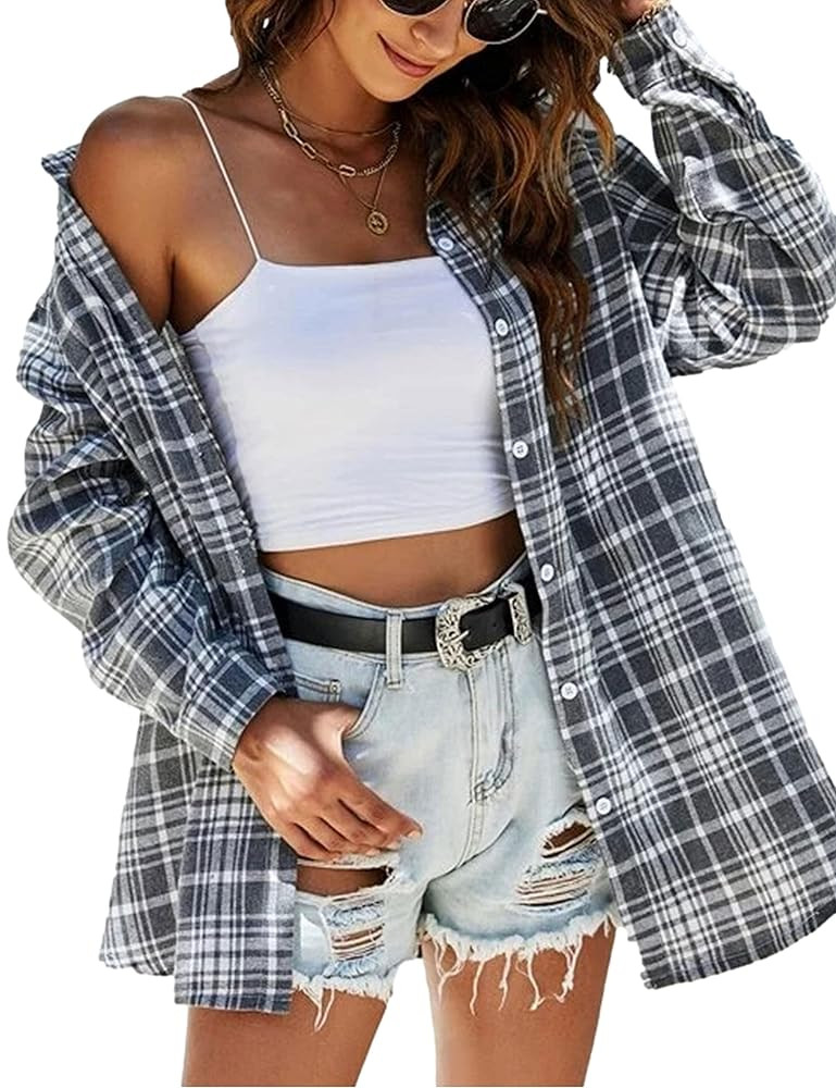Zontroldy Plaid Flannel Shirts for Women Oversized Long Sleeve Button Down Buffalo Plaid Shirt Bl... | Amazon (US)
