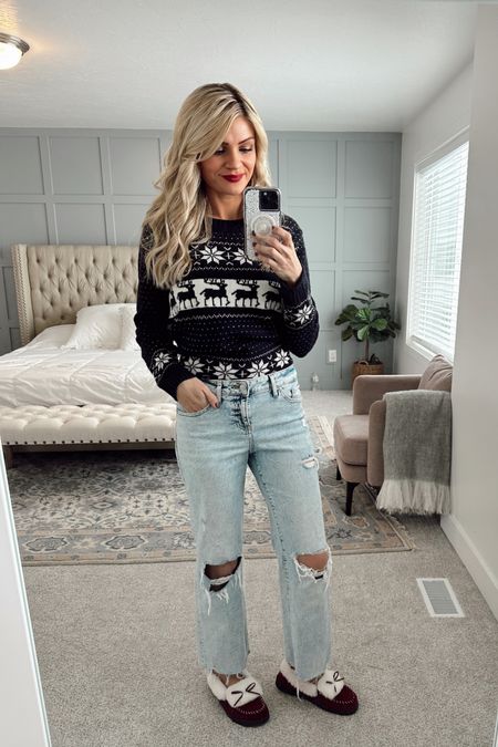 Cute & cozy holiday style outfit wearing a Navy Blue Christmas sweater with Amazon links! Wearing mom jeans from Express, and red slippers from Amazon!

#LTKunder100 #LTKHoliday #LTKunder50