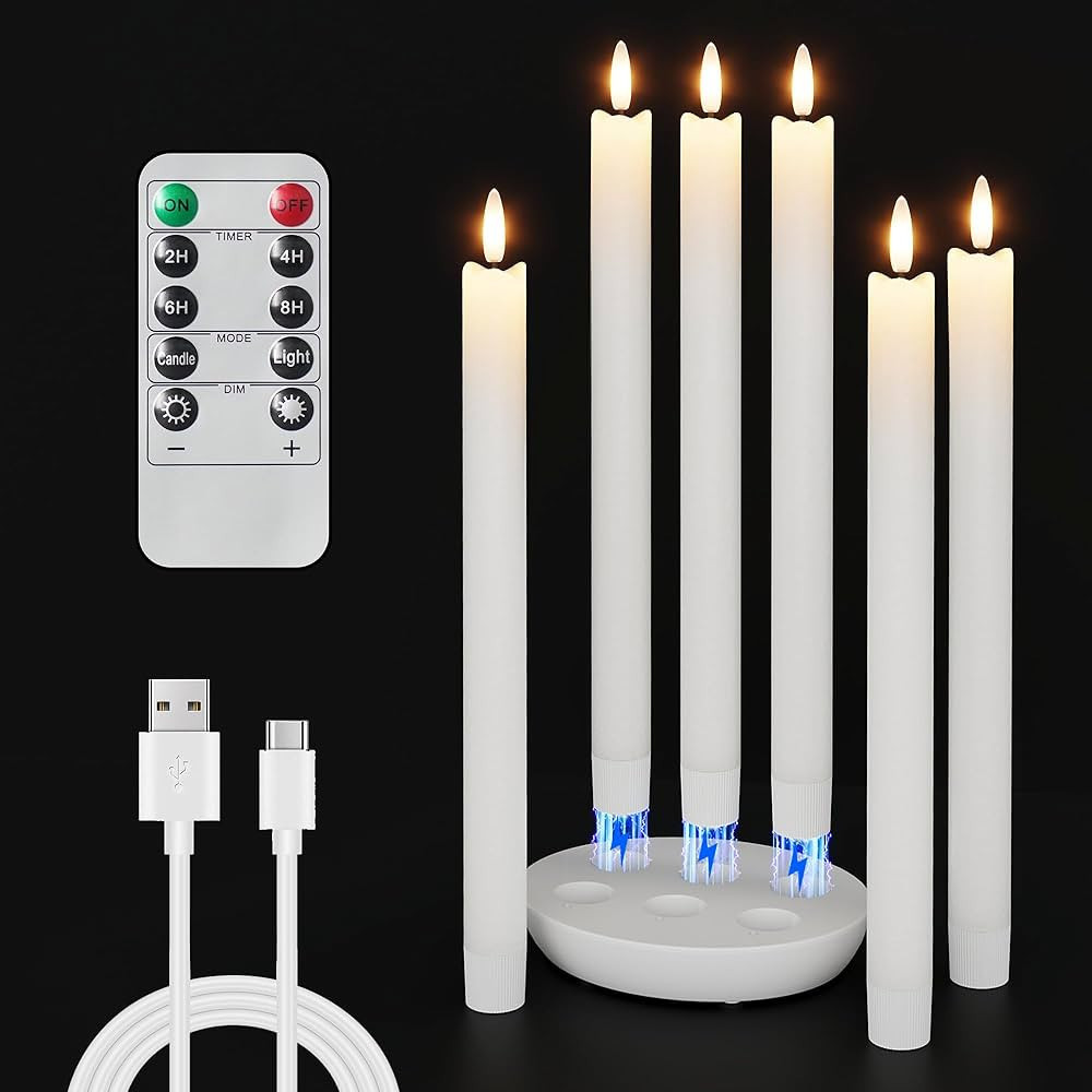 Amazon.com: NOMFIX 6 Pcs Rechargeable Flameless Taper Candles, Real Wax Flickering Flameless Cand... | Amazon (US)