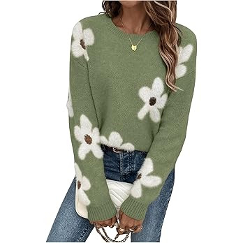 SHENHE Women's Floral Pattern Crewneck Long Sleeve Drop Shoulder Sweaters Pullover Tops | Amazon (US)