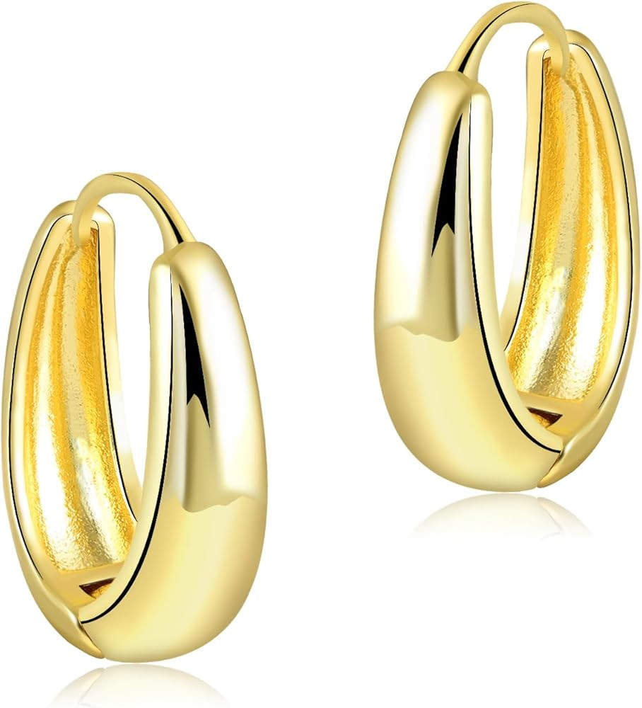 14K Gold Chunky Teardrop Shaped Oval Huggie Hoop Earrings for Women Large hoops | Amazon (US)