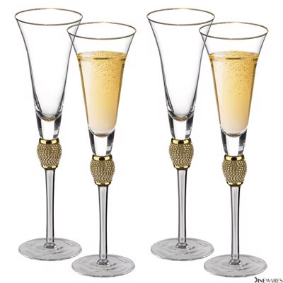 Dinewares Elegant Crystal Set Wedding Champagne Glasses with Diamond Rhinestone Accents and a Polished Rim - 11 in Tall with Slender Long Stems, 7 oz | Target