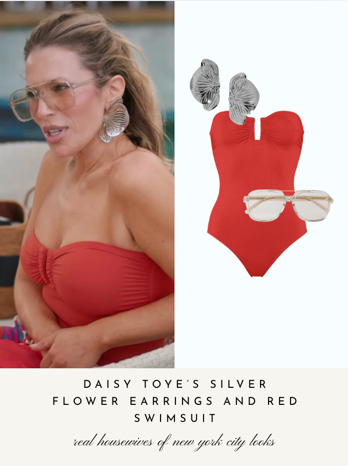 Daisy Toye's Silver Flower Earrings and Red Swimsuit 

 