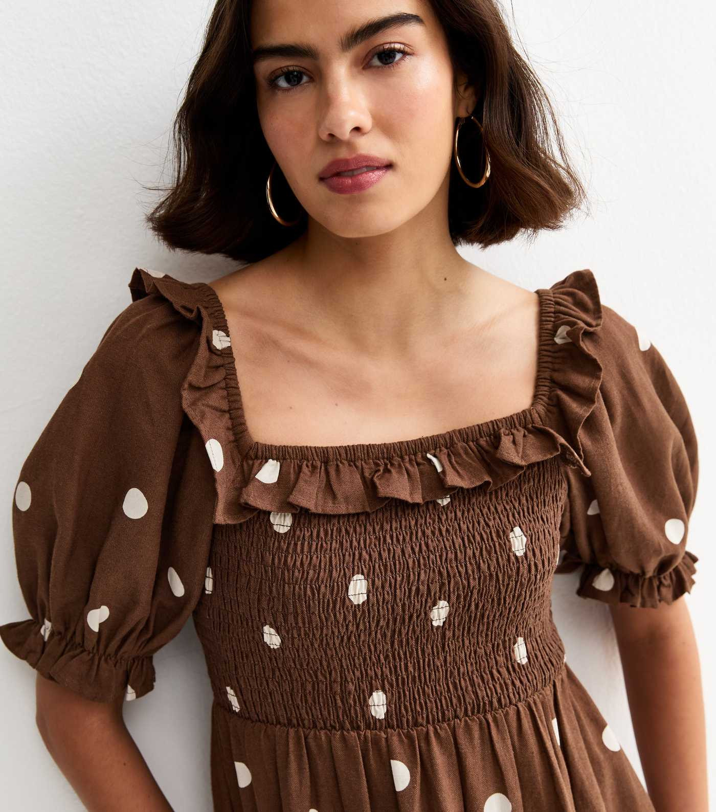 Brown Polka Dot Puff Sleeve Shirred Midi Dress | New Look | New Look (UK)