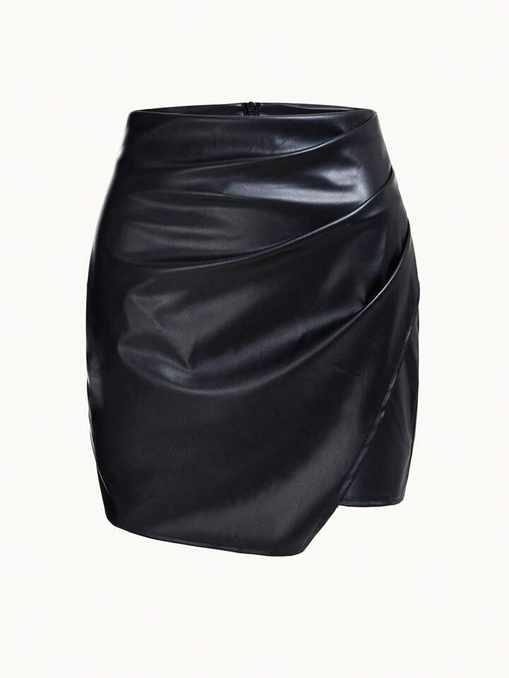 SHEIN Privé Solid PU Leather Wrap Skirt | SHEIN