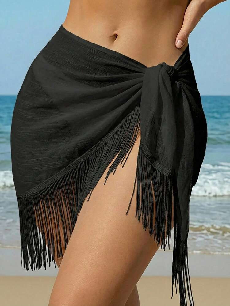 Swim Vcay Women's Summer Beach Vacation Solid Color Tassel Hem Wrap Tie Kaftan Skirt | SHEIN