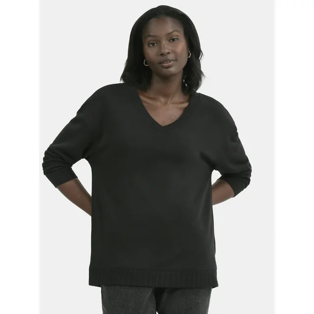 Time and Tru Women's V-Neck Sweatshirt with Long Sleeves, XS-XXXL | Walmart (US)