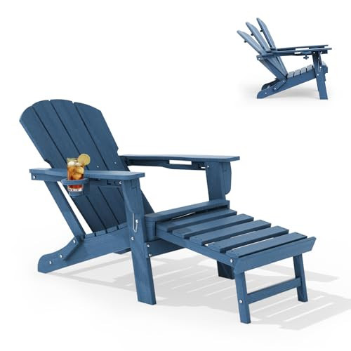 LOUNZY Folding Adjustable Adirondack Chair with Retractable Ottoman, HDPE Recliner Adirondack Chair with Cup Holder for Deck Lawn Fire Pit, Navy | Amazon (US)