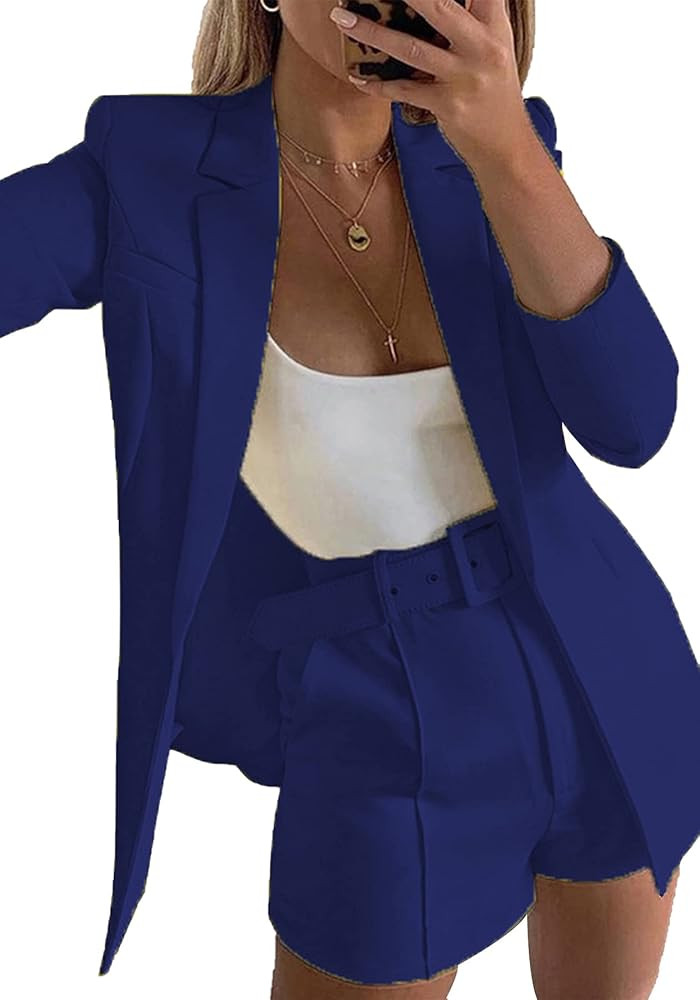 Tcremisa Blazer Shorts Set for Women 2 Piece Long Sleeve Open Front Blazers Short Suits Business ... | Amazon (US)