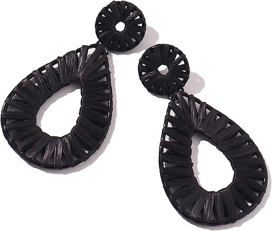 Boho Raffia Earrings Statement Teardrop Earrings Drop Dangle Bohemian Earrings for Women Cute Han... | Amazon (US)