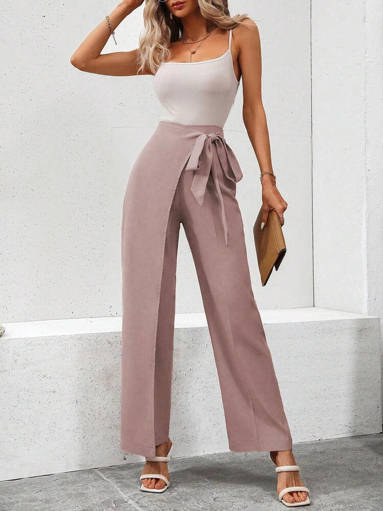 Rafferiza Women Daily Wear Solid Color Wrap Knot Side Pants | SHEIN