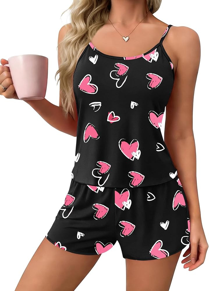 Ekouaer Womens Printed Cami Pajamas 2 Piece Cute Sleepwear Criss Cross Back Tank and Shorts Pj Se... | Amazon (US)