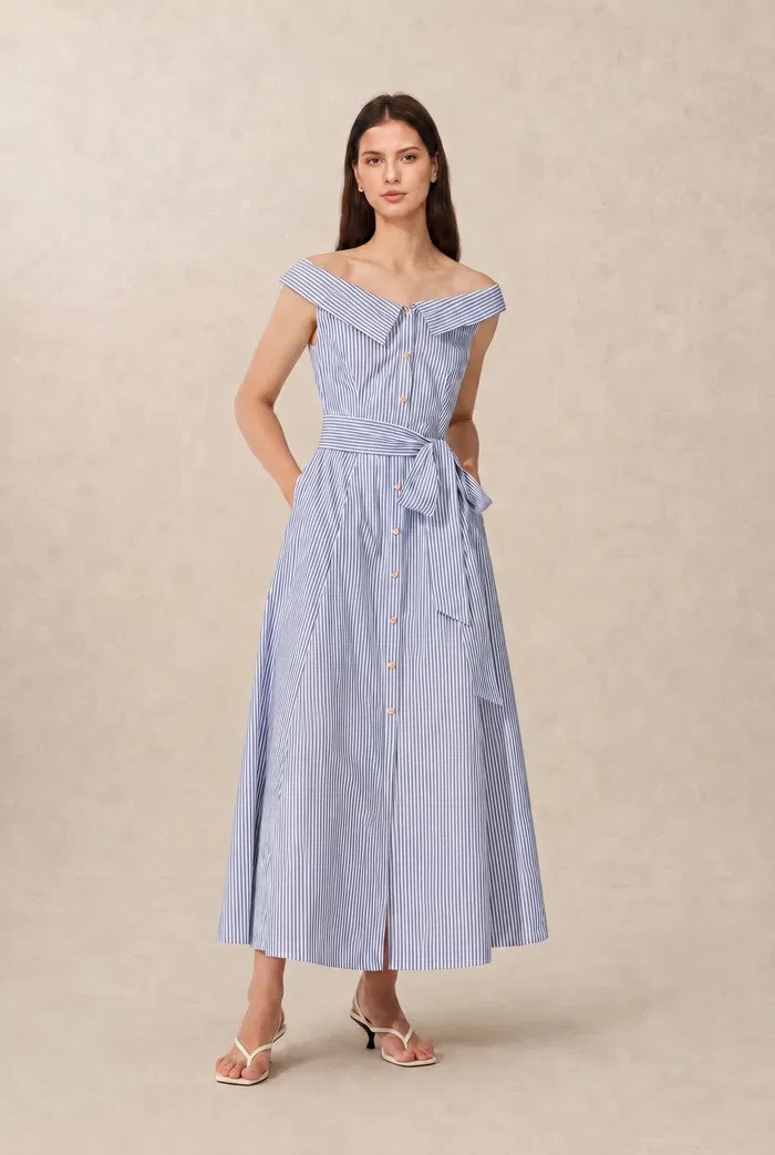 Claudia Off Shoulder Striped Dress in Cotton | Fabrique