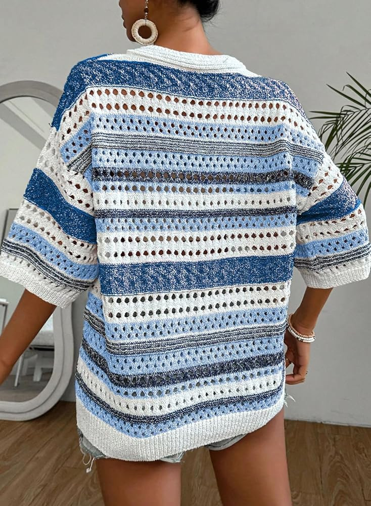 Acelitt Womens Short Sleeve Crochet Knit Sweater Hollow Out Striped Tops Beach Vacation Cruise Ou... | Amazon (US)