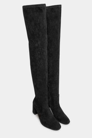 LTS Black Suede Heeled Over The Knee Boots In Standard Fit | Long Tall Sally