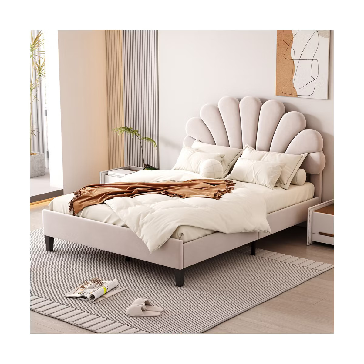 Full Size Upholstered Platform Bed With Flower Pattern Velvet Headboard Upholstered Bed Frame No ... | Target