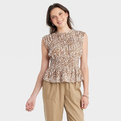 Women's Peplum Blouse - Universal Thread™ Tan/White Floral L | Target