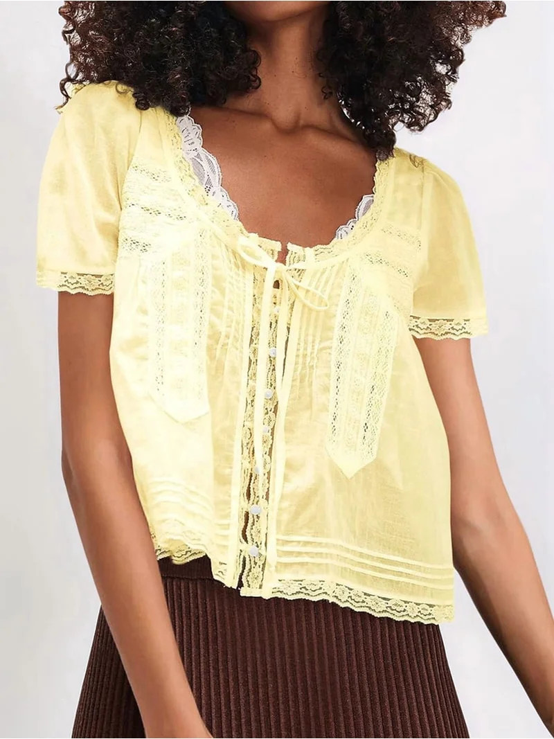Women Tie Front Lace Trim Top Sheer Short Sleeve Scoop Neck Button Shirt Y2k Ruffle Flowy Boho Cr... | Walmart (US)