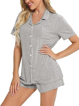 SWOMOG Womens Button Down Pajamas Set Short Sleeve Sleepwear Bride Soft Pj Lounge Sets S-XXL | Amazon (US)