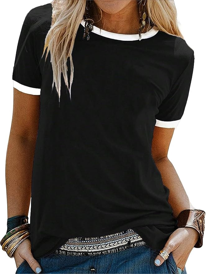 Remidoo Womens Ringer Tee Crew Neck Color Block Casual Summer Short Sleeve T Shirt | Amazon (US)