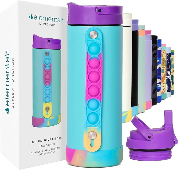 Elemental Iconic Kids Water Bottle with Straw Lid & Stress Relief Pop It Handle, Leak-Proof When ... | Amazon (US)