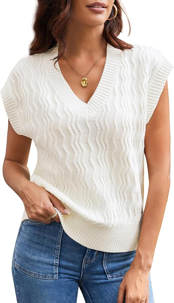 GRACE KARIN Womens V Neck Sweater Vest Ribbed Knit Casual Cap Sleeve Loose Fit Pullover Tops Fall... | Amazon (US)