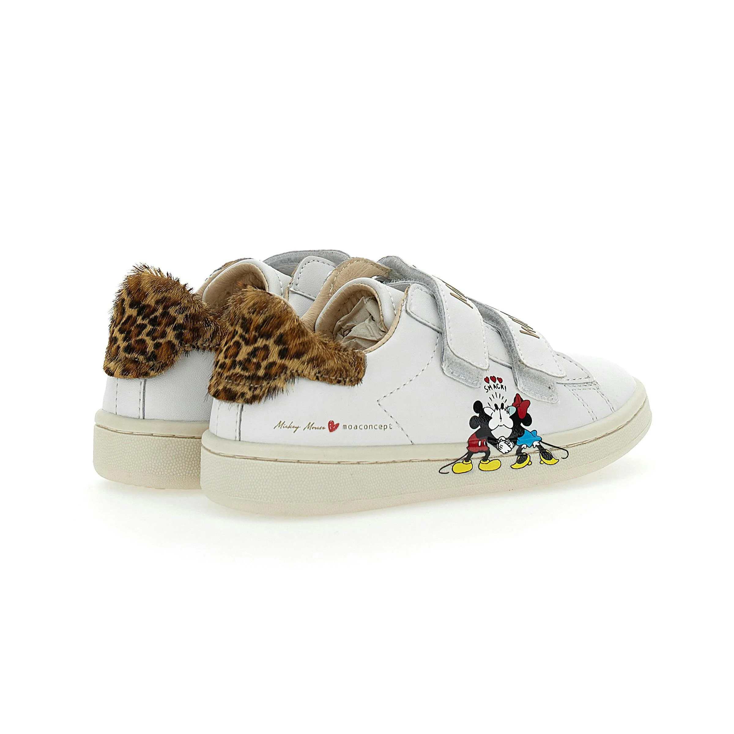 White Mickey + Minnie Leopard Tab Velcro Sneakers White / 27 | Maisonette