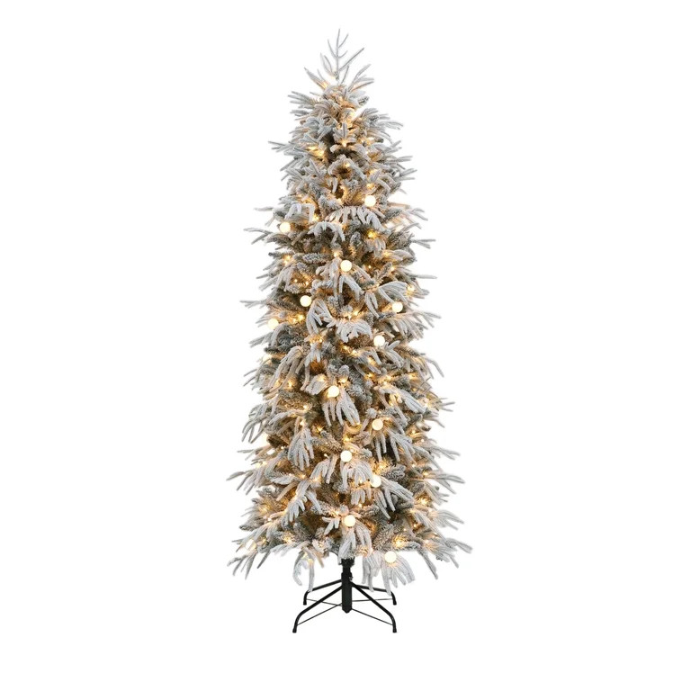 7.5' Pre-Lit Aurora Slim Snow-Flocked Green Artificial Christmas Tree with 600 Warm White LED Lig... | Walmart (US)