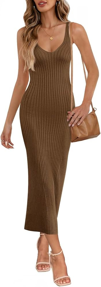 MEROKEETY Womens Summer Spring Midi Dress 2026 Beach Vacation Bodycon V Neck Casual Sleeveless Ri... | Amazon (US)