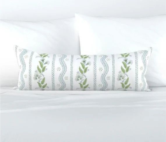 Floral Stripe Pillow Blue Green Flower block print pillow Flower Lumbar Long Dolly Block Print Fi... | Etsy (US)
