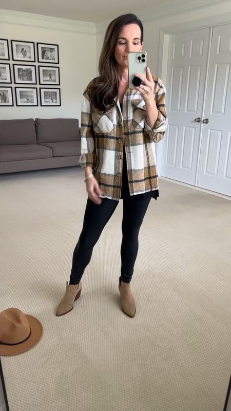 Fall outfit inspo 
Spanx leggings - runs small wearing Medium Petite
Shacket - fits tts wearing s
Brimmed hat from Amazon is adjustable 
Boots / booties are old linking similar pair
Designer inspired earrings / dupe 

#LTKstyletip