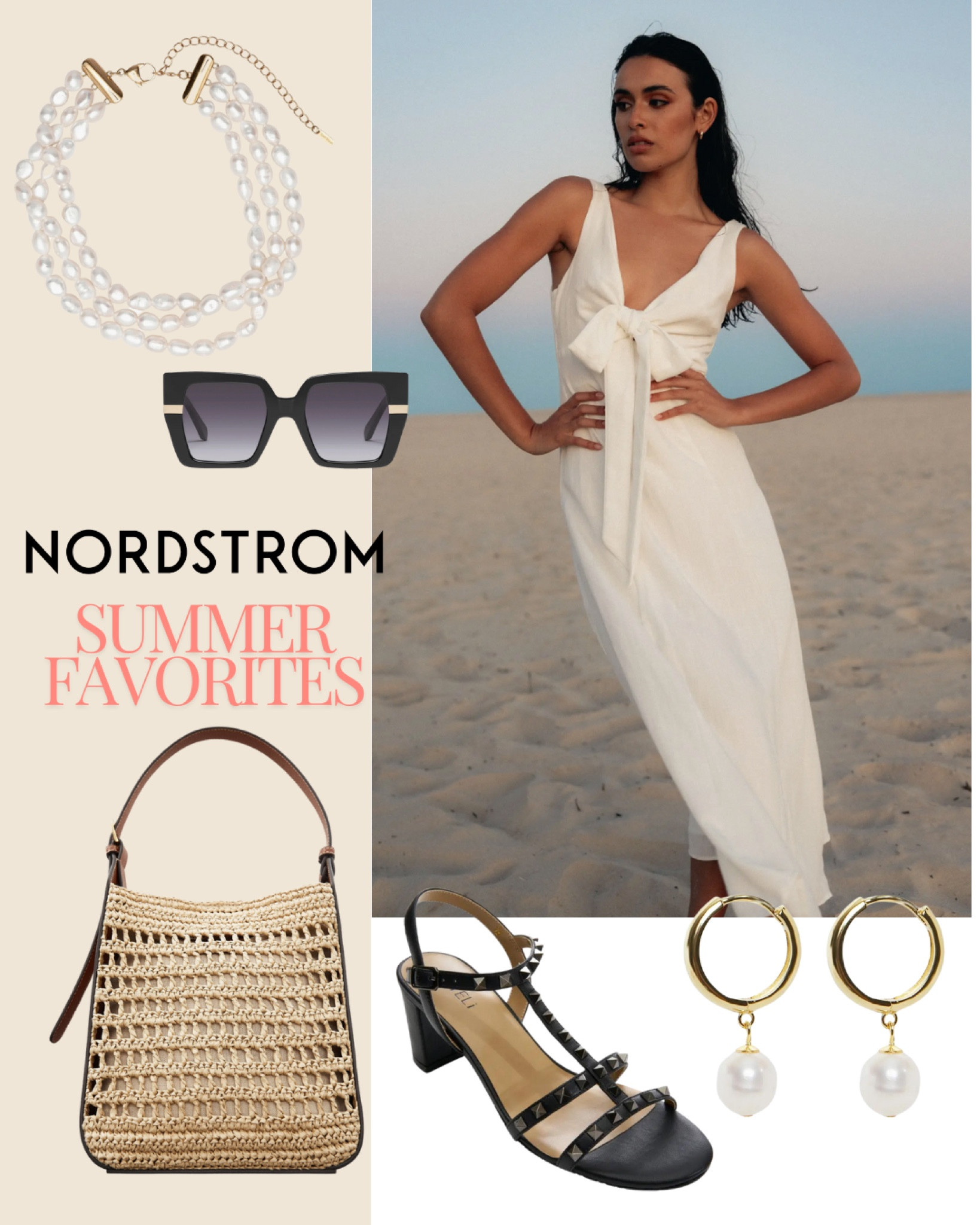Nordstrom summer favorites 
White dress
Straw bag
Studded sandals
Pearl earrings
Pearl necklace vacation style outfit ideas 

#LTKSummerSales #LTKSeasonal #LTKTravel