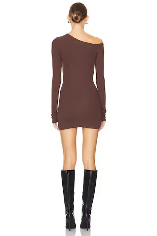 Meredith Off Shoulder Dress in Brown | Revolve Clothing (Global)