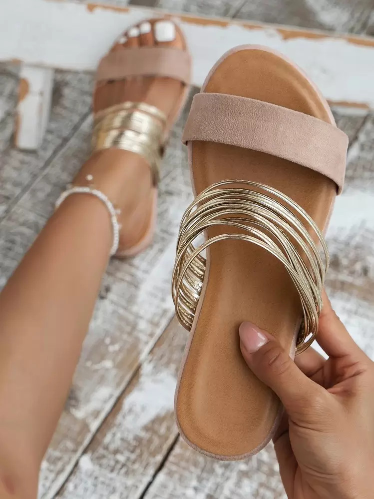 Vacation Summer Party Flat Slippers For Women, Multi Metallic Strap Artificial Leather Open Toe Slide Sandals | SHEIN