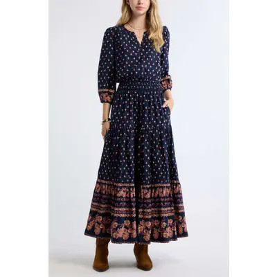 Treasure & Bond Printed Tiered Cotton Maxi Dress in Ivory- Navy Mix Border at Nordstrom, Size Large | Nordstrom