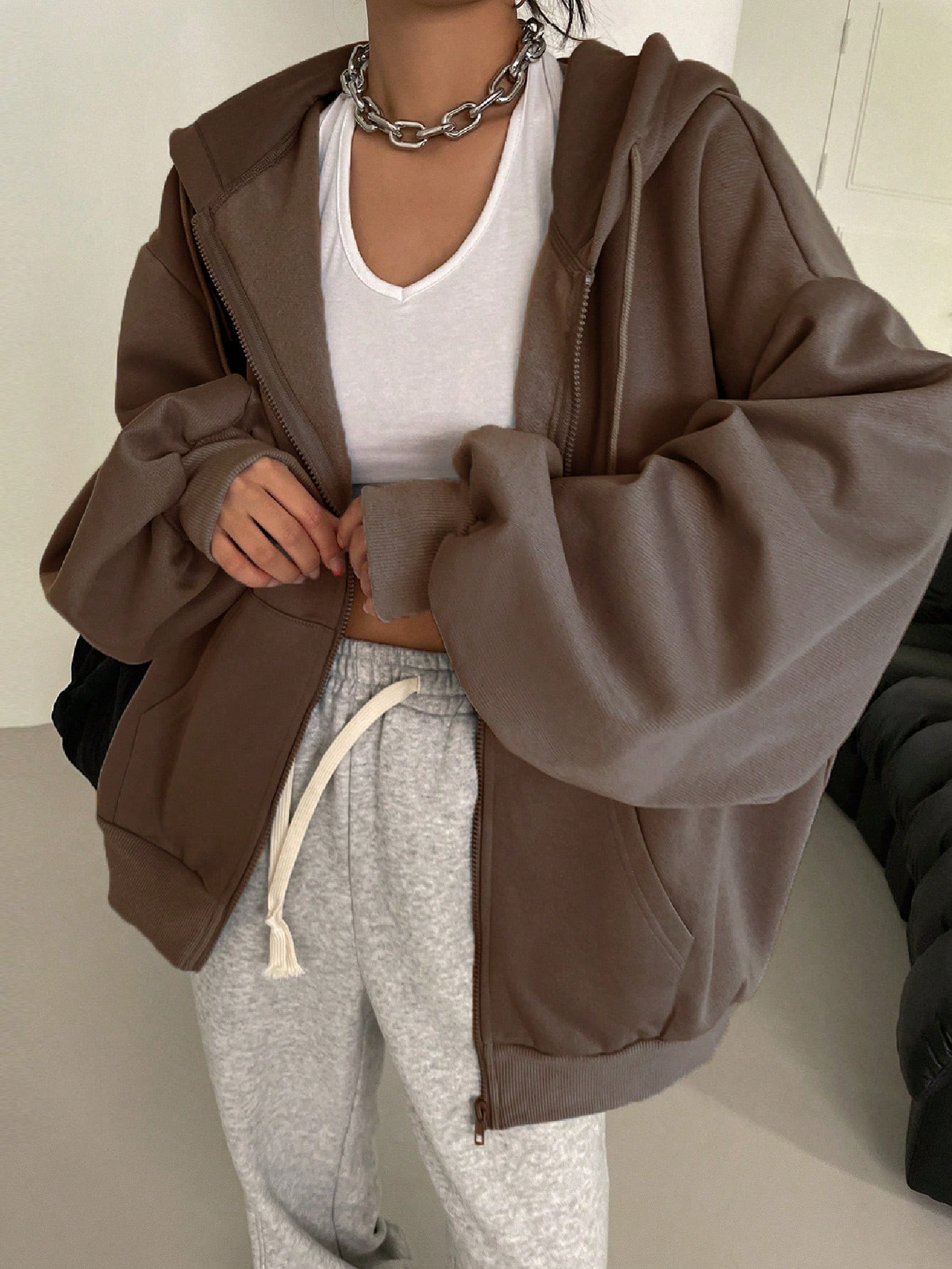 DAZY Zip Up Drop Shoulder Drawstring Thermal Lined Hoodie | SHEIN