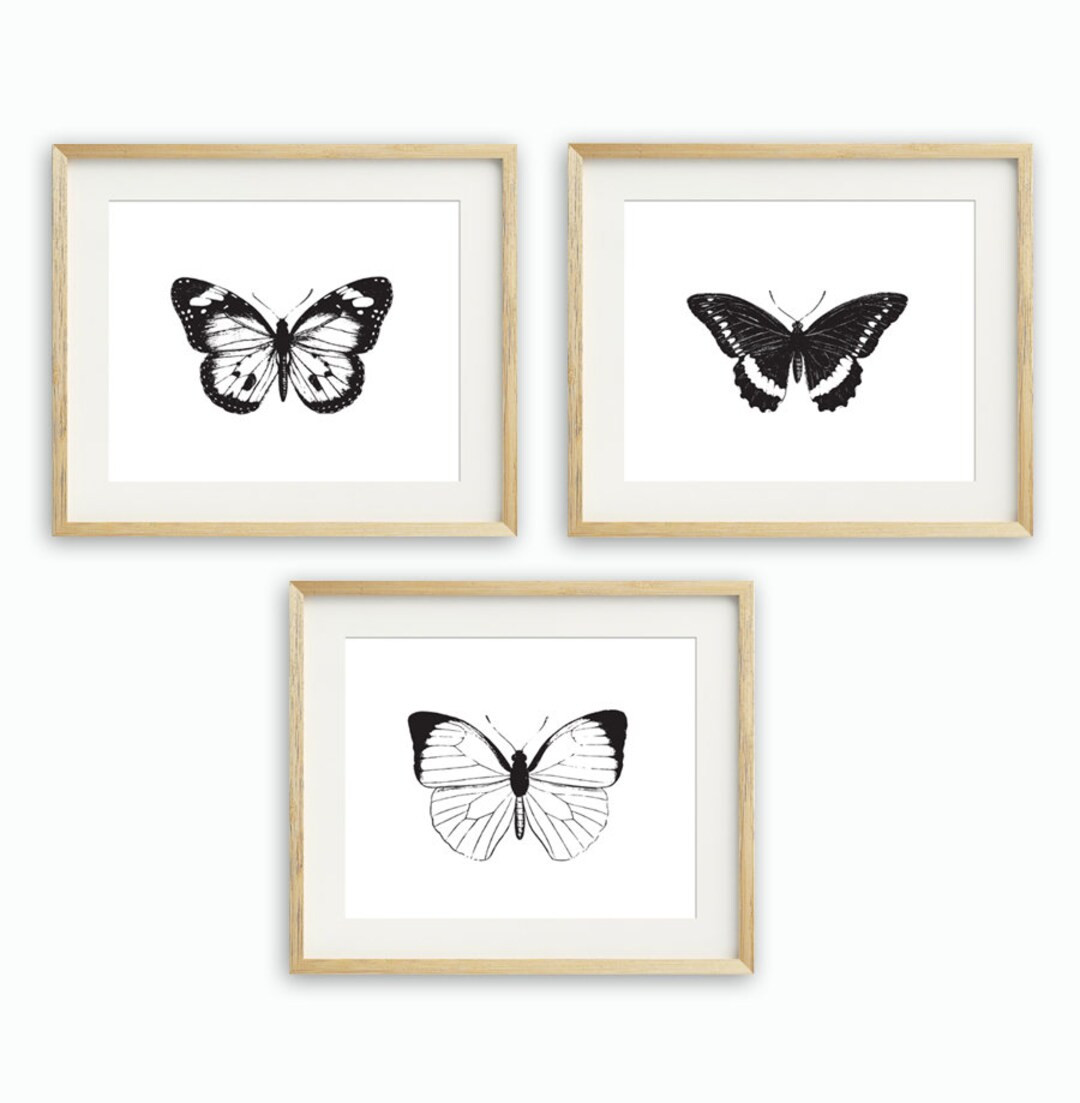Butterfly Printable, Set of 3, Monochrome Butterfly Art Print, Minimalist home, Black and white w... | Etsy (US)