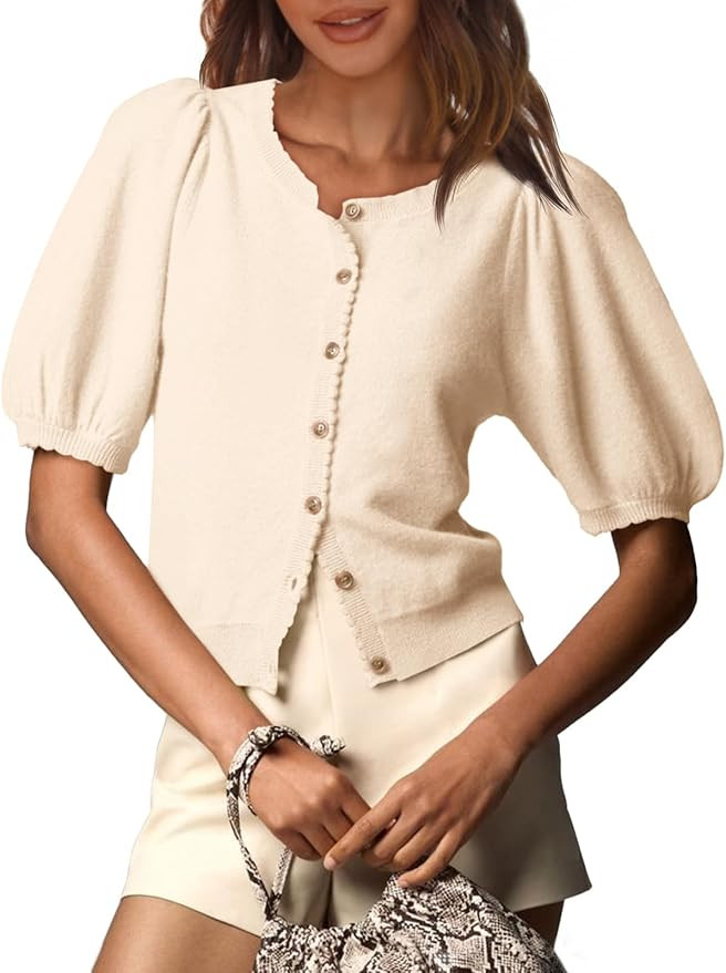 Saodimallsu Womens Puff Short Sleeve Cardigan Lightweight Summer Button Down Shirts Knit Crew Nec... | Amazon (US)