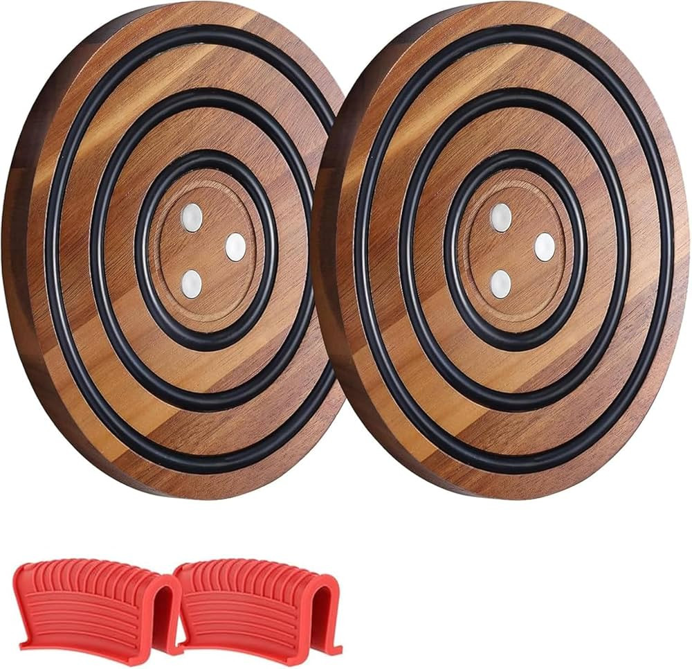 Magnetic Wooden Trivets 2 Pcs, Acacia Wood with Black Silicone Rings, Magnetic Pot Holder for Le ... | Amazon (US)