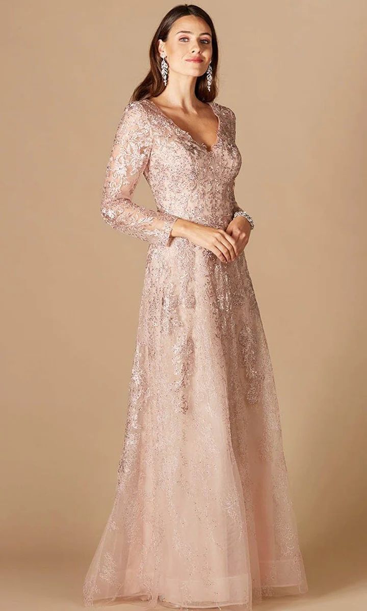 Lara Dresses 29326 - Floral Laced Plunging V Neck Long Sleeve Gown | Couture Candy