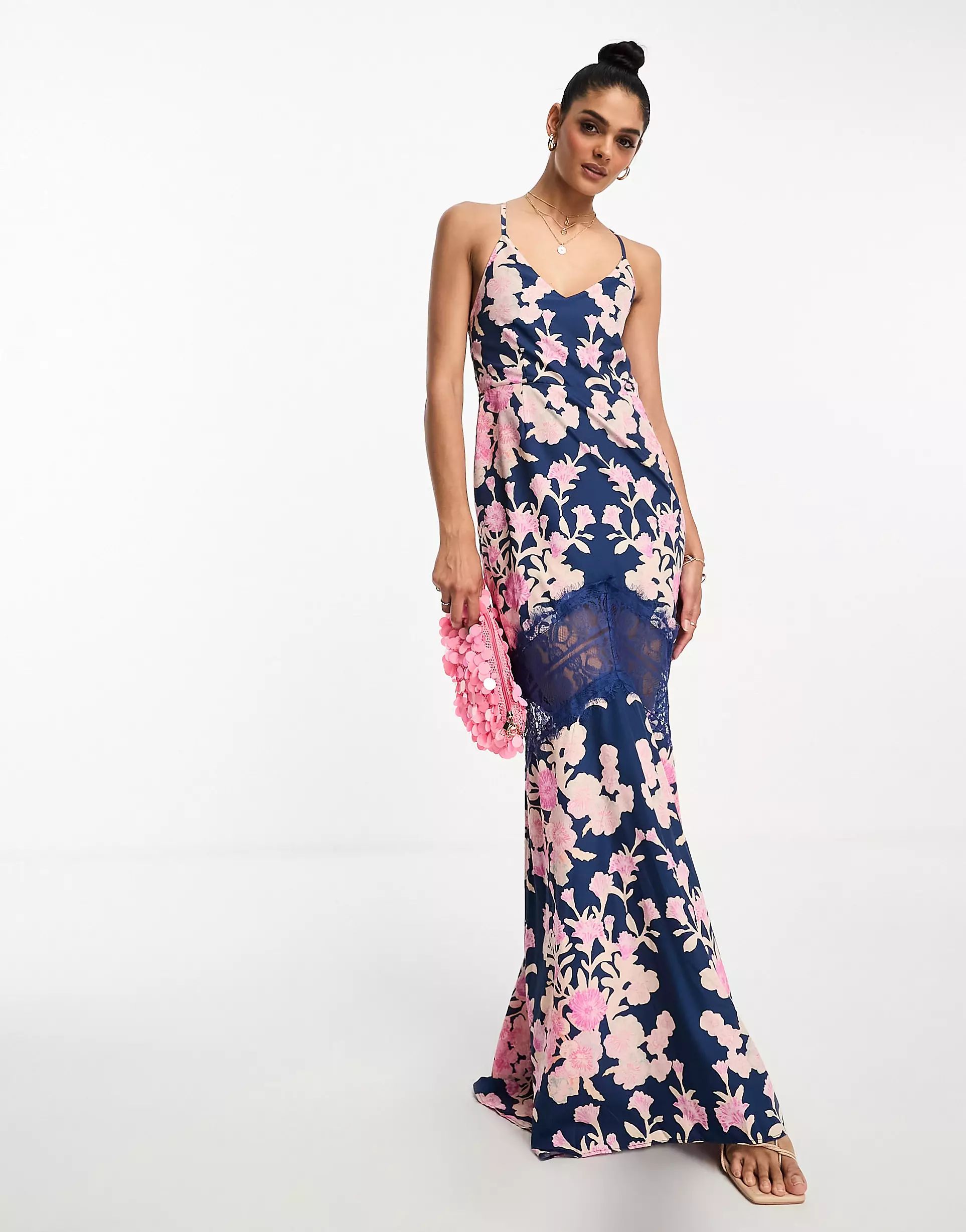 Hope & Ivy contrast lace floral maxi dress in navy | ASOS (Global)