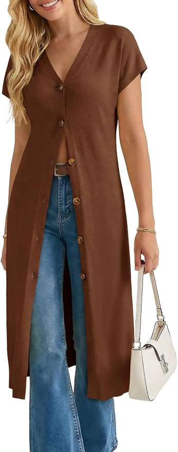 Saodimallsu Womens Long Cardigans Lightweight Short Sleeve Button V Neck Loose Knit Casual Summer... | Amazon (US)